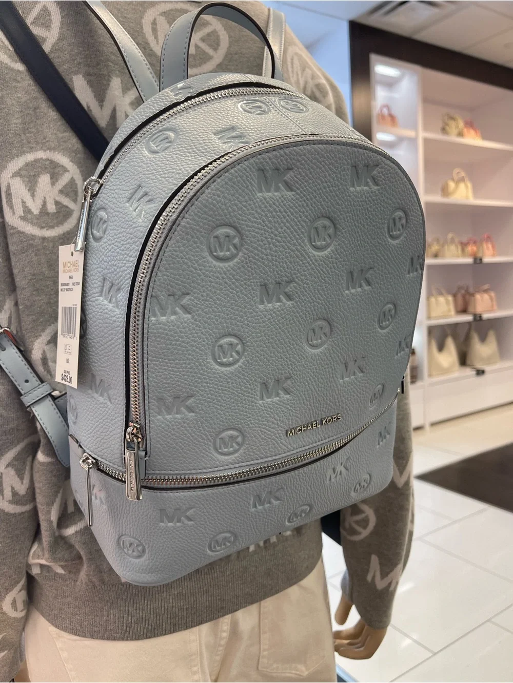 Michael Kors Rhea Medium Zip Logo Debossed Backpack Pale Ocean NWT